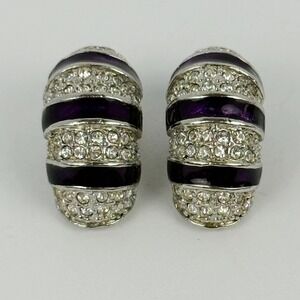 Vintage Purple Enamel Crystal Clip-On Earrings Silver Tone Striped Cluster Retro
